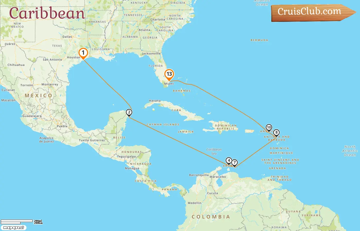Cruise in the Caribbean from Galveston to Fort Lauderdale aboard Regal Princess ship with visits to USA, Mexico, Aruba, and Curaçao for 13 days