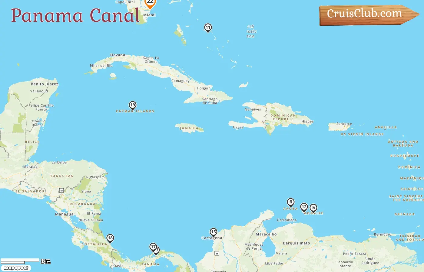 Cruise in the Panama Canal from Fort Lauderdale aboard Rotterdam ship with visits to USA, Curaçao, Aruba, Bahamas, Colombia, Panama, Costa Rica, and Cayman Islands for 22 days