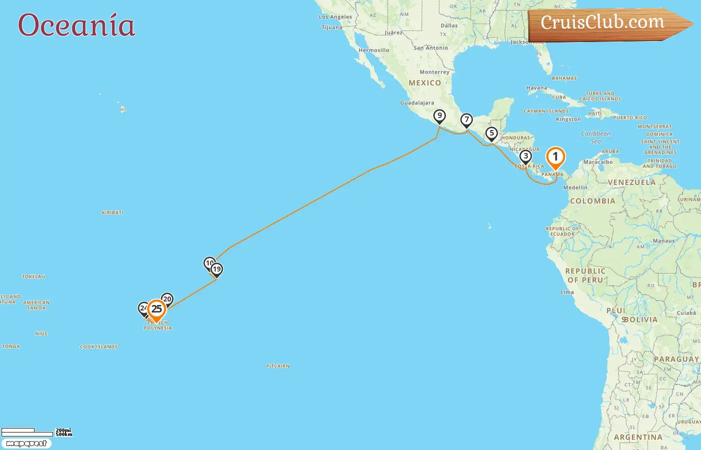 Crucero en el Pacífico Sur de Fuerte Amador a Papeete a bordo del barco Amera con visitas a Panamá, Costa Rica, Guatemala, México y Polinesia Francesa por 25 días