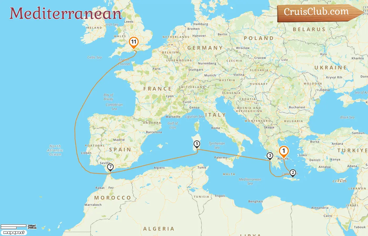 Cruise in the Mediterranean from Piraeus to Southampton aboard Queen Anne ship with visits to Greece, Italy, and Gibraltar for 11 days