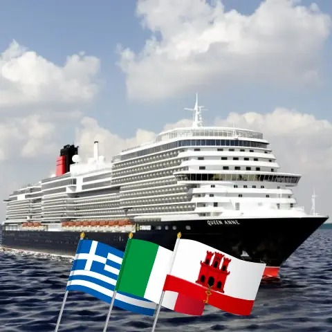 Cruise in the Mediterranean from Piraeus to Southampton aboard Queen Anne ship with visits to Greece, Italy, and Gibraltar for 11 days