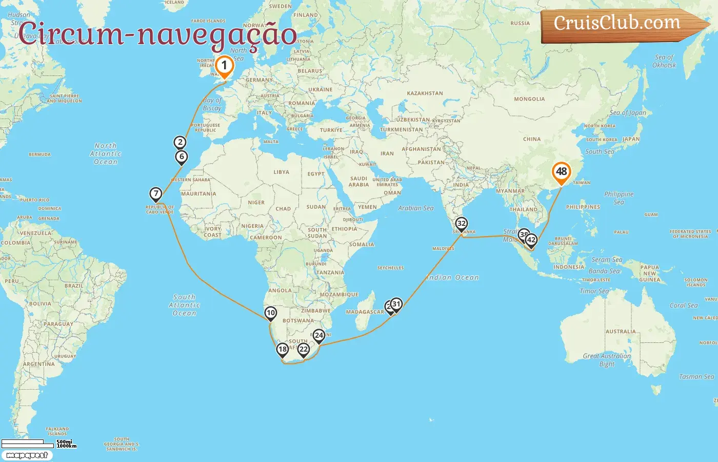Cruzeiro no mundo da viagem de Southampton para Hong Kong a bordo do navio Rainha Ana com visitas a Portugal, Espanha, Namíbia, África do Sul, Reunião, Maurícia, Sri Lanka, Malásia, Singapura e Hong Kong por 48 dias