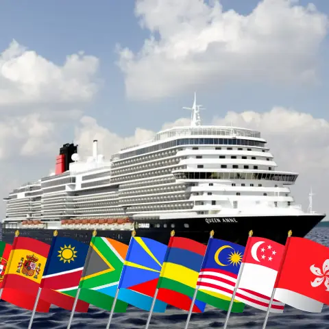 Cruise in the World trip from Southampton to Hong Kong aboard Queen Anne ship with visits to Portugal, Spain, Namibia, South Africa, Réunion, Mauritius, Sri Lanka, Malaysia, Singapore, and Hong Kong for 48 days
