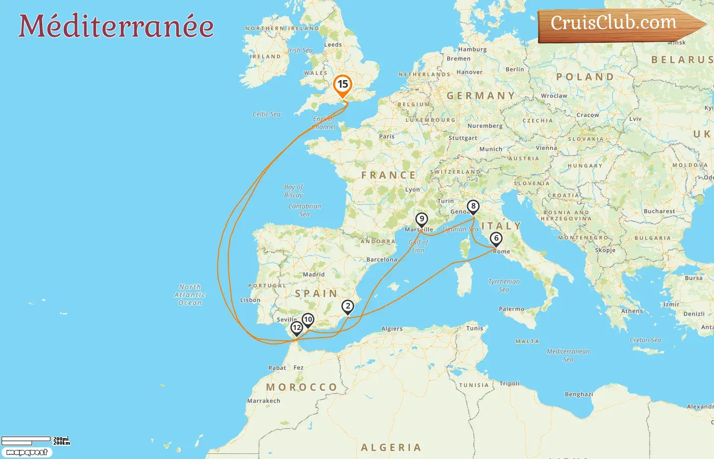 Croisière en Méditerranée au départ de Southampton à bord du navire Queen Anne avec des visites en Espagne, en Italie, en France et à Gibraltar pendant 15 jours