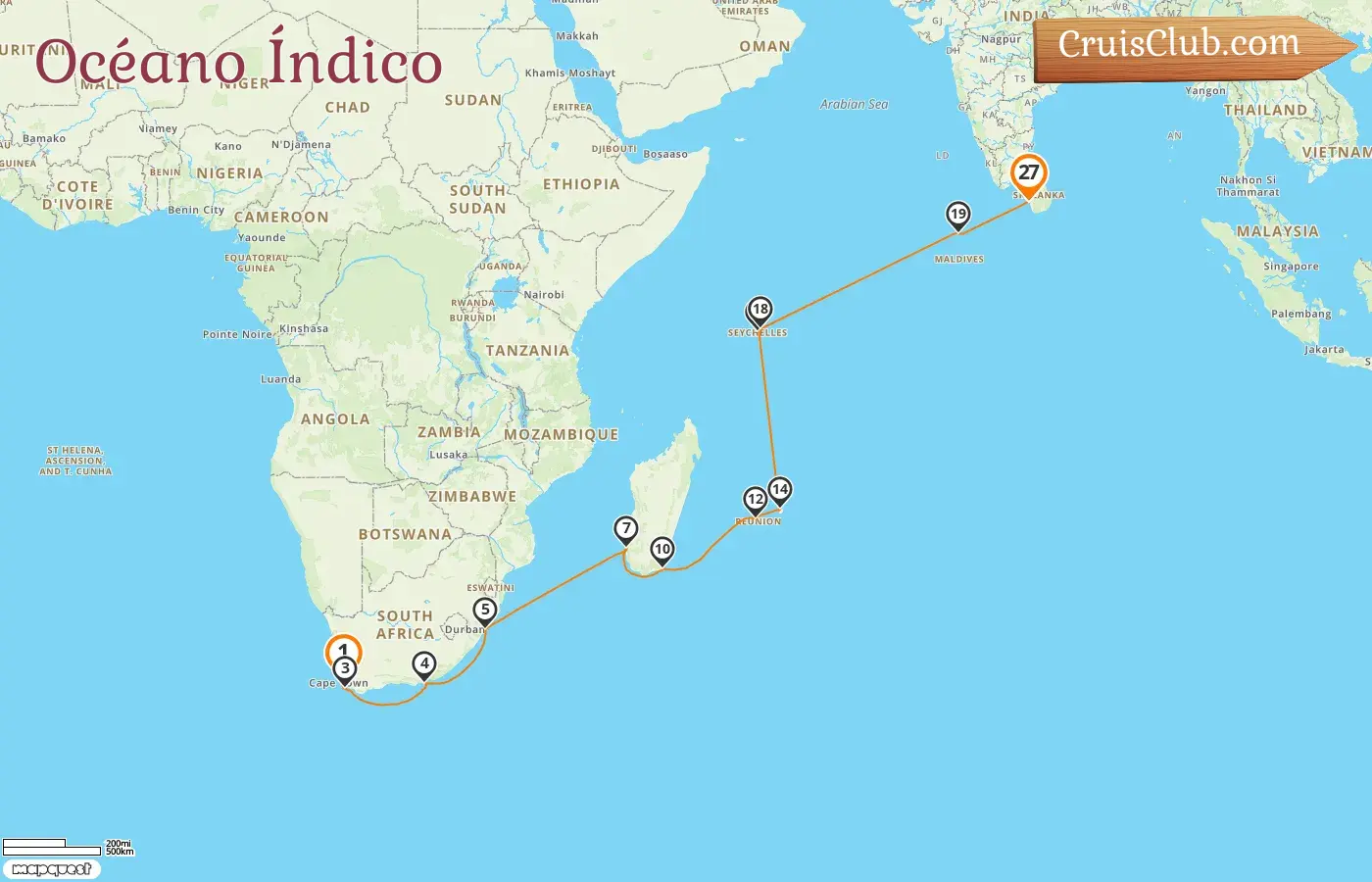 Crucero por el Océano Índico de Ciudad del Cabo a Colombo a bordo del barco Artania con visitas a Sudáfrica, Madagascar, Reunión, Mauricio, Seychelles, Maldivas y Sri Lanka durante 27 días