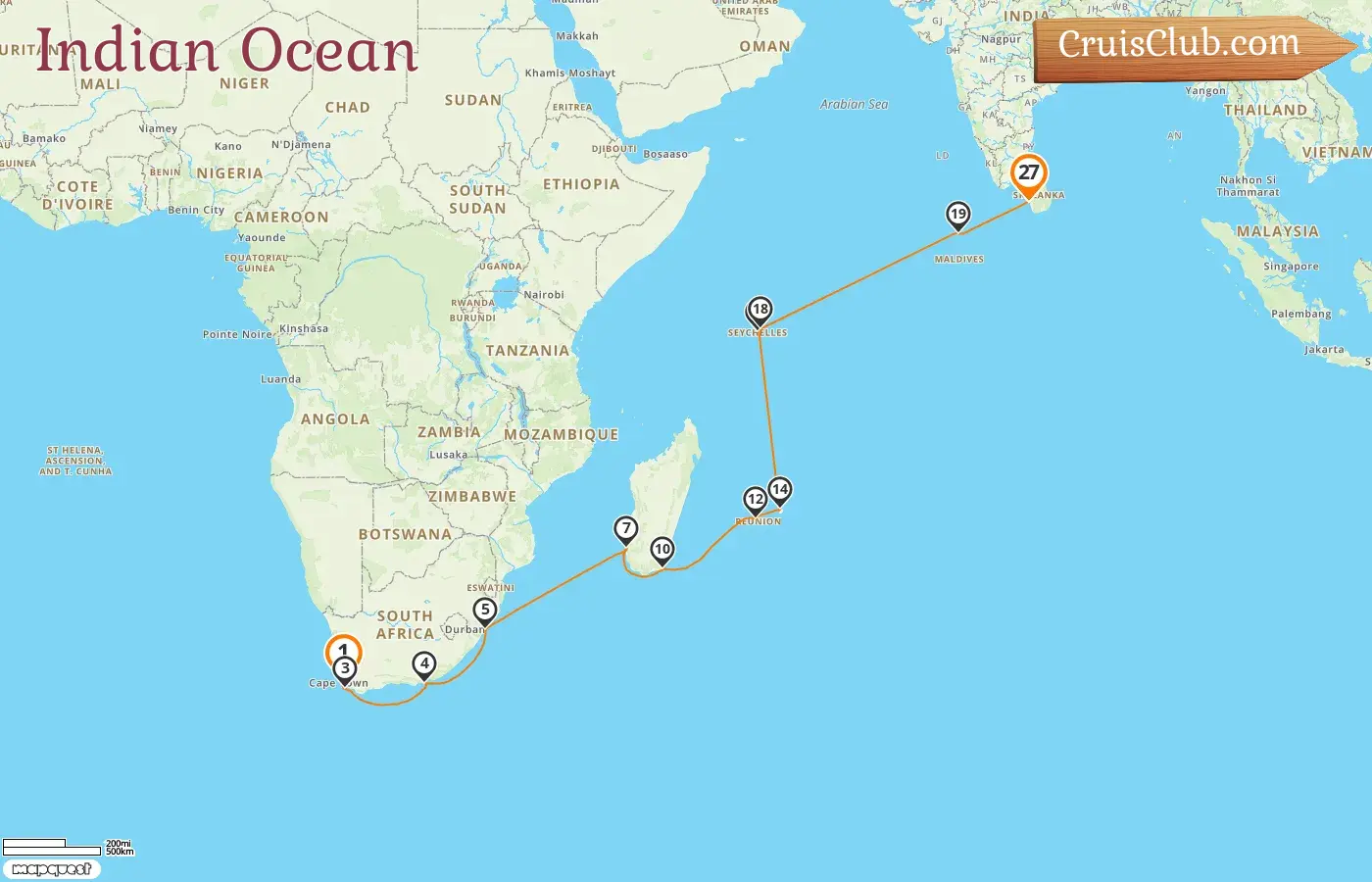 Cruise in the Indian Ocean from Cape Town to Colombo aboard Artania ship with visits to South Africa, Madagascar, Réunion, Mauritius, Seychelles, Maldives, and Sri Lanka for 27 days