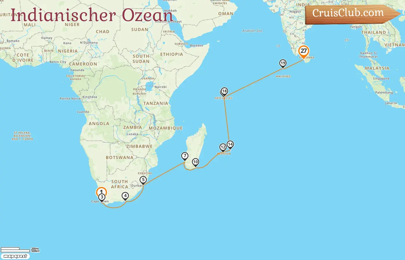 Kreuzfahrt im Indischen Ozean von Kapstadt nach Colombo an Bord des Schiffes Artania mit Besuchen in Südafrika, Madagaskar, Réunion, Mauritius, den Seychellen, Malediven und Sri Lanka für 27 Tage