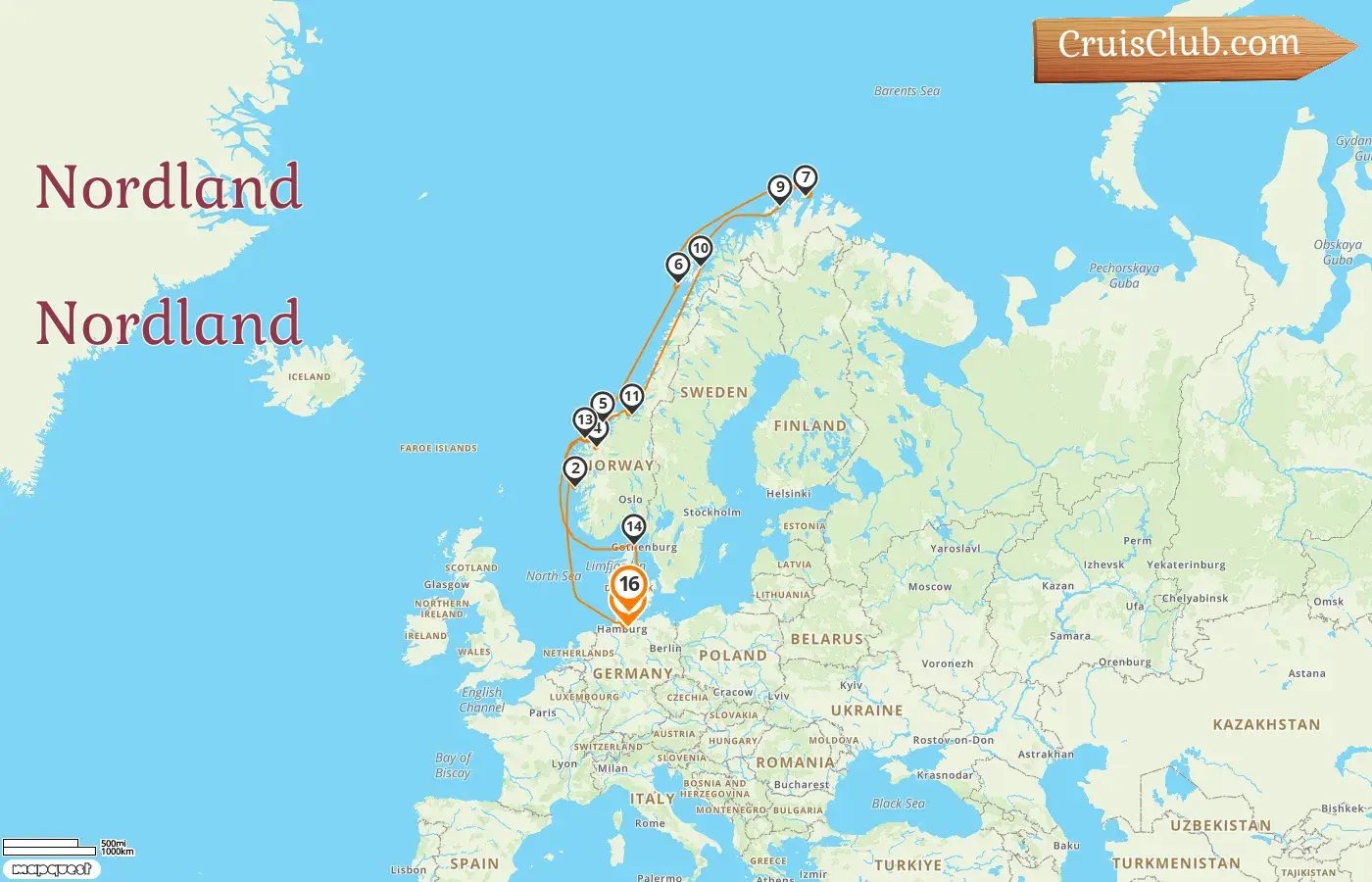 Cruzeiro no Norte de Hamburgo para Kiel a bordo do navio Vasco da Gama com visitas à Alemanha, Noruega e Dinamarca por 16 dias
