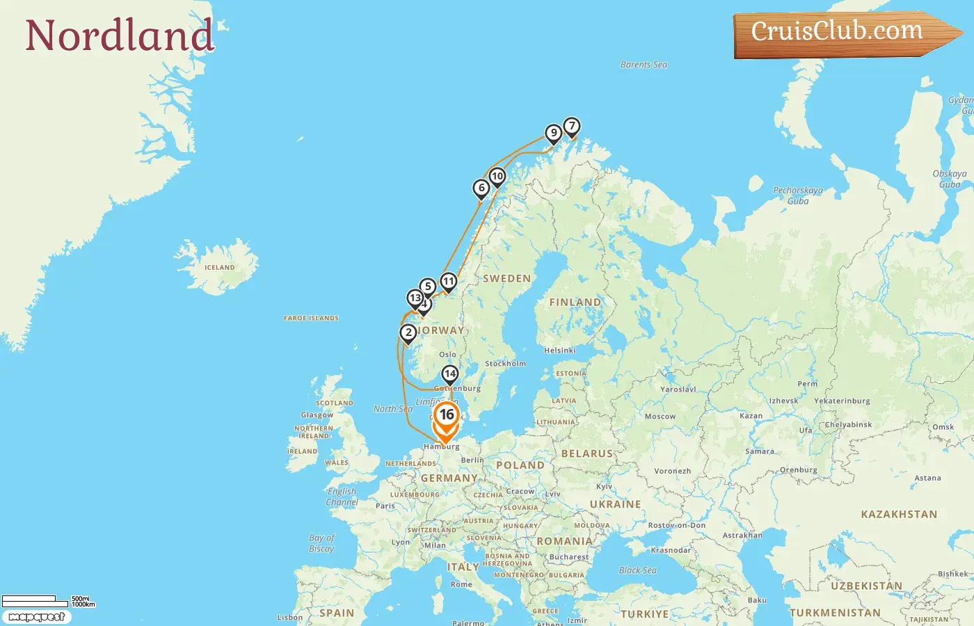 Croisière dans le Nordland de Hambourg à Kiel à bord du navire Vasco da Gama avec des visites en Allemagne, en Norvège et au Danemark pendant 16 jours