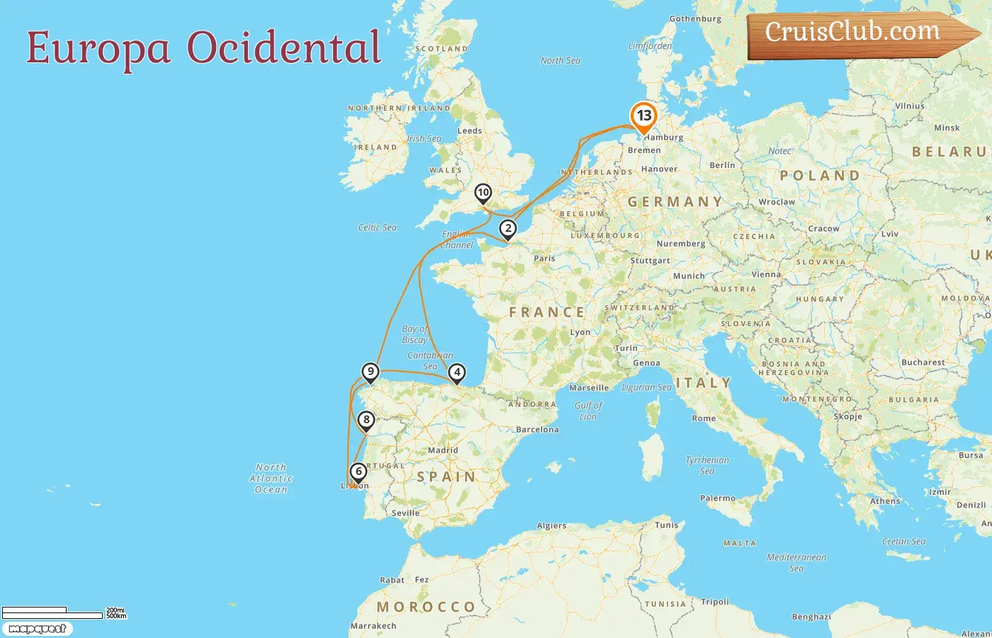 Cruzeiro na Europa Ocidental partindo de Bremerhaven a bordo do navio Mein Schiff 3 com visitas à Alemanha, França e Espanha por 13 dias