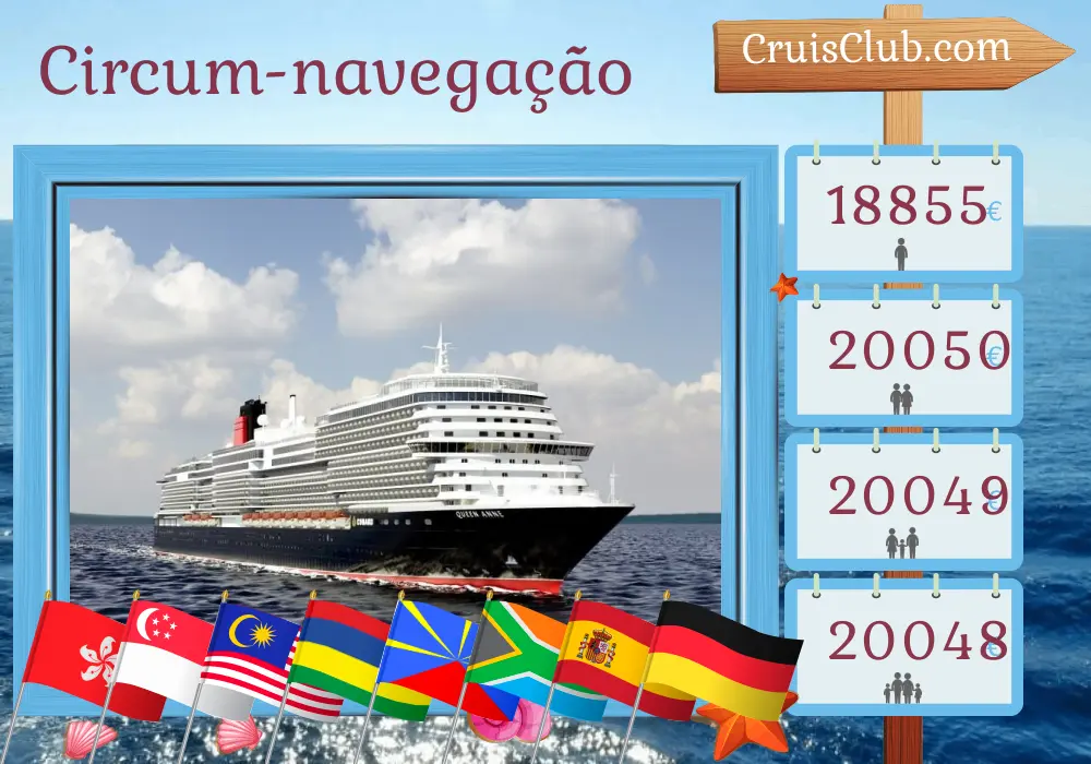 Cruzeiro no World trip de Hong Kong a Hamburgo a bordo do navio Queen Anne com visitas a Hong Kong, Vietnã, Tailândia, Cingapura, Malásia, Maurício, Reunião, África do Sul, Espanha e Alemanha por 51 dias