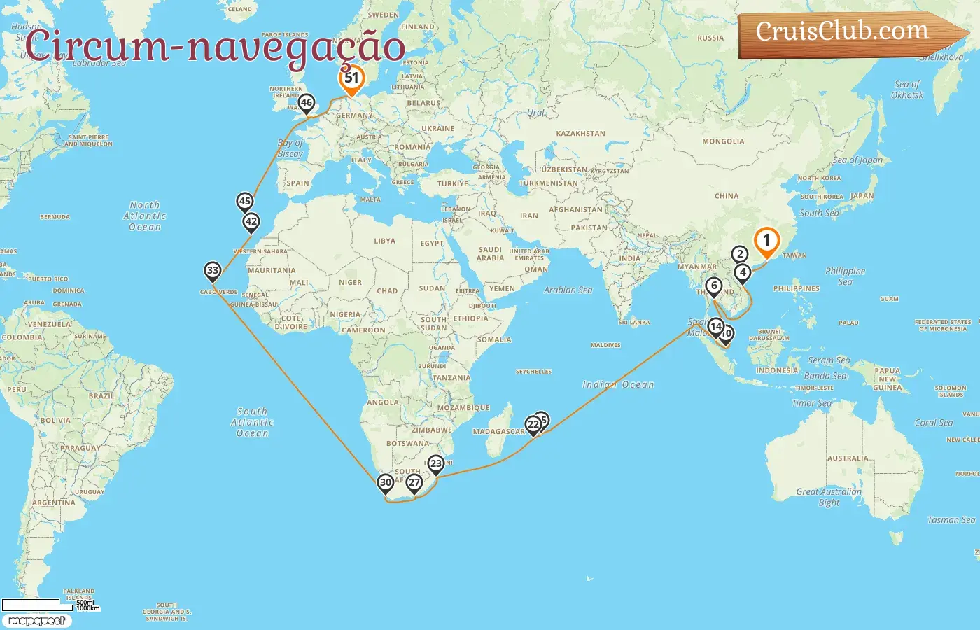 Cruzeiro no World trip de Hong Kong a Hamburgo a bordo do navio Queen Anne com visitas a Hong Kong, Vietnã, Tailândia, Cingapura, Malásia, Maurício, Reunião, África do Sul, Espanha e Alemanha por 51 dias