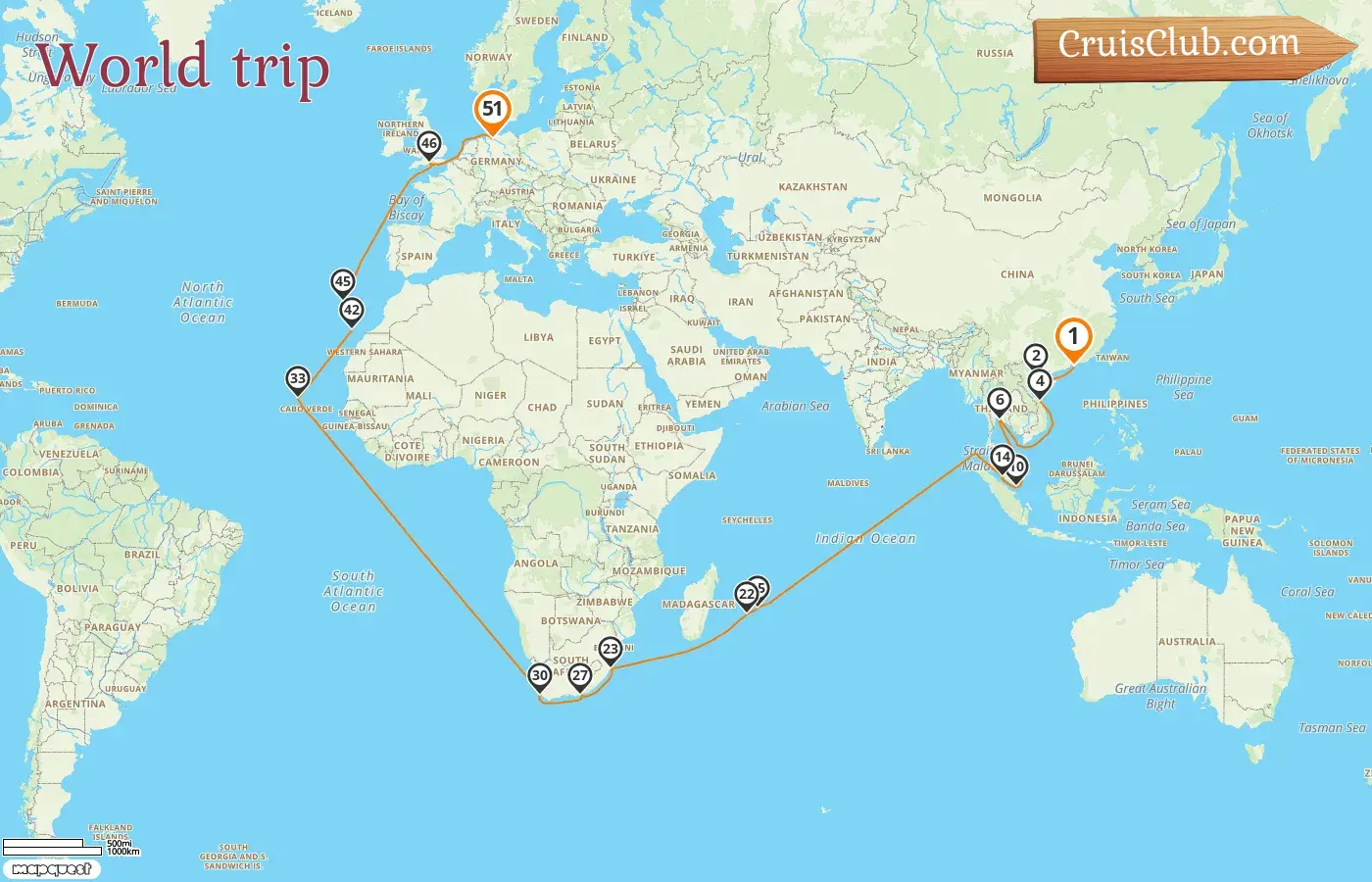 Cruise in the World trip from Hong Kong to Hamburg aboard Queen Anne ship with visits to Hong Kong, Viet Nam, Thailand, Singapore, Malaysia, Mauritius, Réunion, South Africa, Spain, and Germany for 51 days