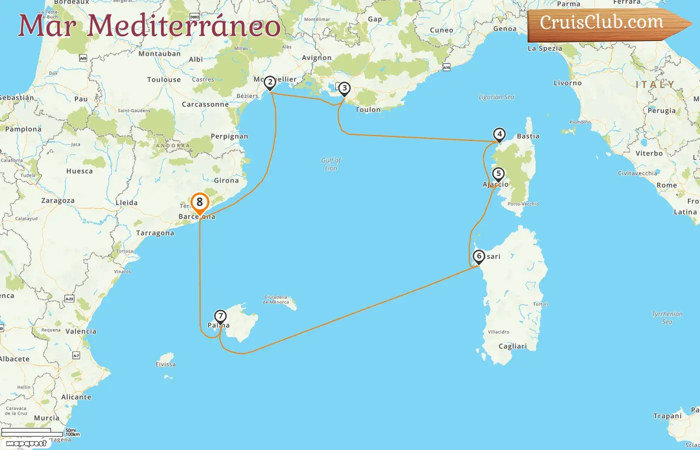 Crucero por el Mediterráneo desde Barcelona a bordo del barco L`Austral con visitas a España, Francia e Italia durante 8 días