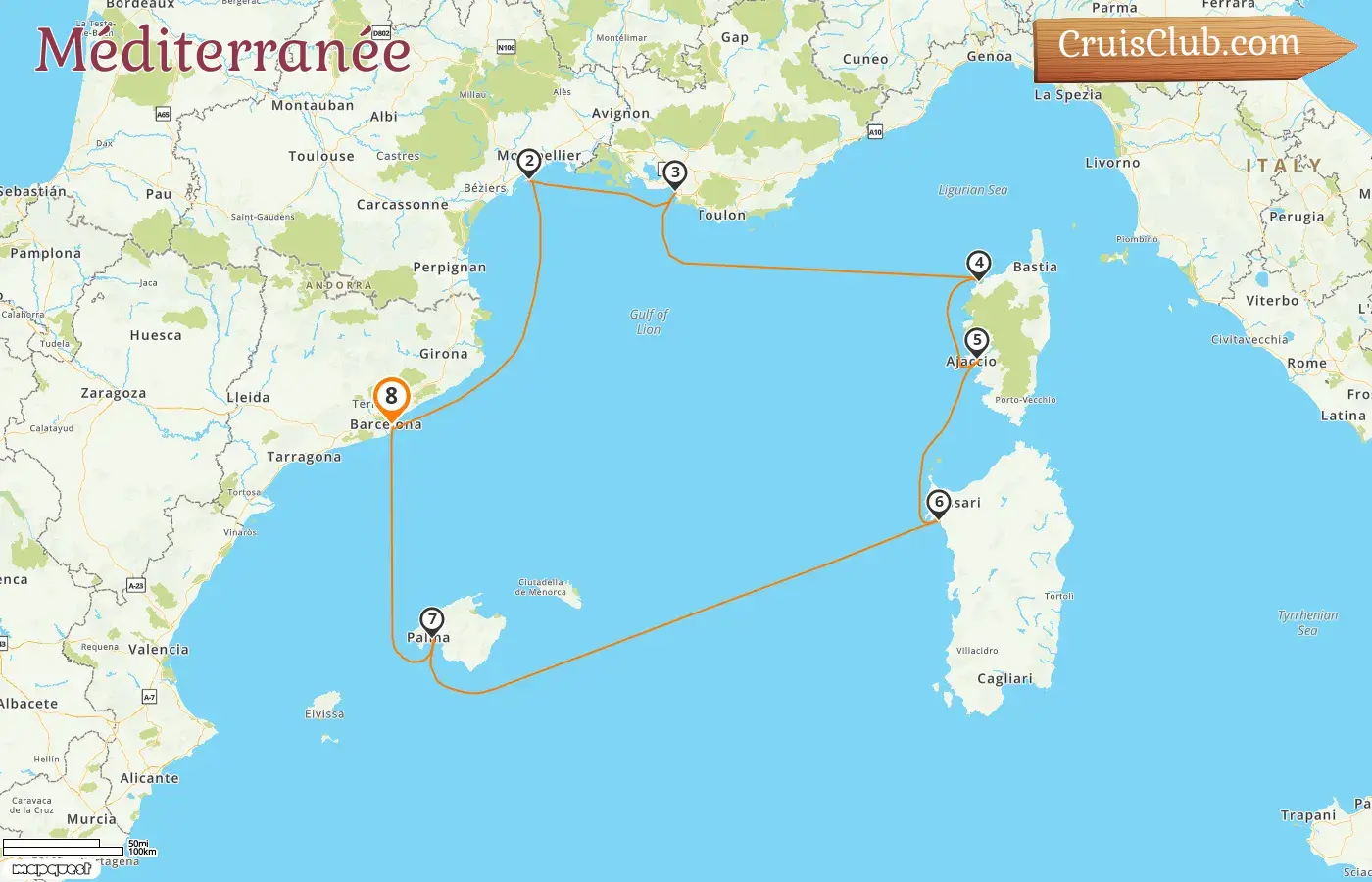 Croisière en Méditerranée depuis Barcelone à bord du navire L`Austral avec des visites en Espagne, en France et en Italie pendant 8 jours