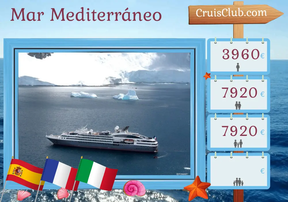 Crucero por el Mediterráneo desde Barcelona a bordo del barco L`Austral con visitas a España, Francia e Italia durante 8 días