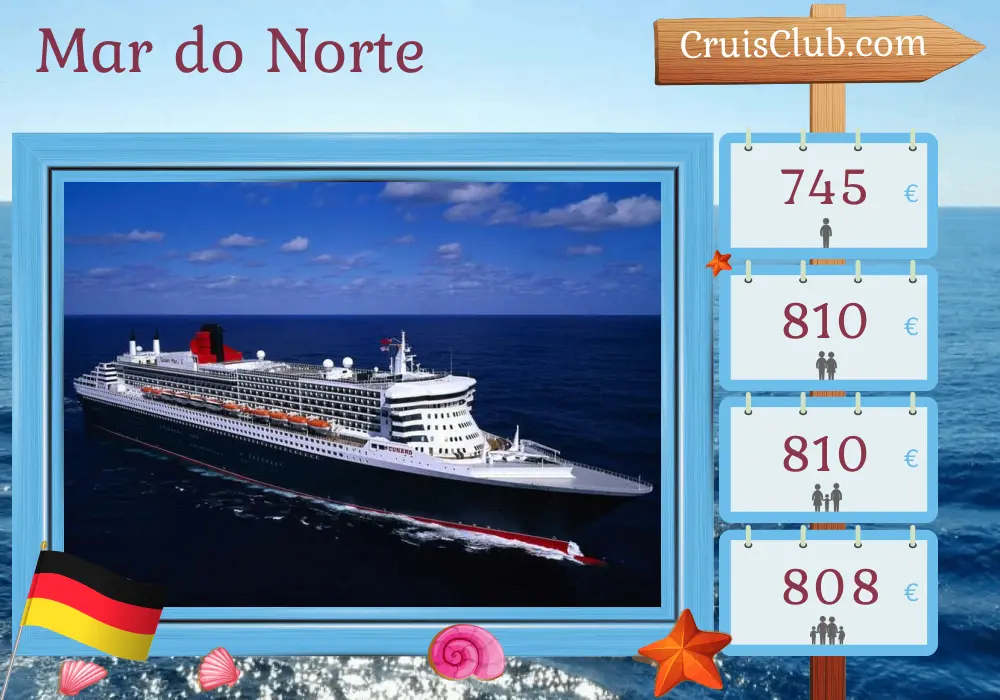 Cruzeiro no Mar do Norte de Southampton a Hamburgo a bordo do navio Queen Mary 2 com visitas à Alemanha por 3 dias